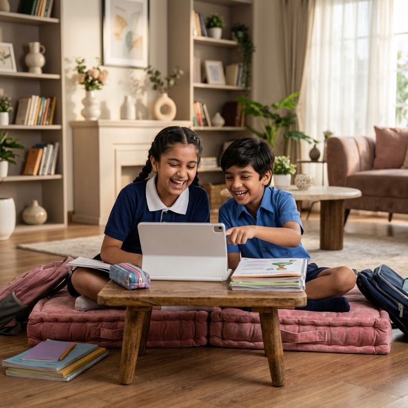 Students studying comfortably on floor cushions at home