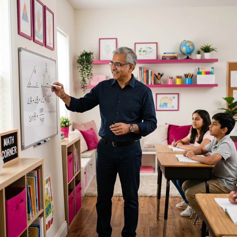 Teacher explaining concepts on a small whiteboard in a home setting