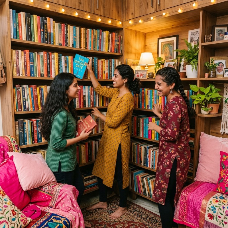 Students choosing books from a cozy home library corner