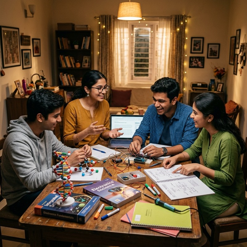 Collaborative learning around a casual study table at home